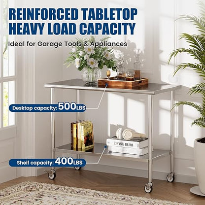 Stainless Steel Work Table with Wheels, 24x60 Inch NSF Kitchen Prep Table with Adjustable Undershelf for Commercial Restaurant, Garage, Outdoor BBQ