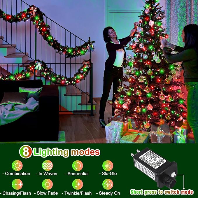 66FT 200 LED Outdoor String Lights, Plug in Christmas Lights Indoor Waterproof, 8 Modes Connectable Twinkle Fairy Lights Clear Wire for Outside Home Patio Tree Party Decorations, Red and Green