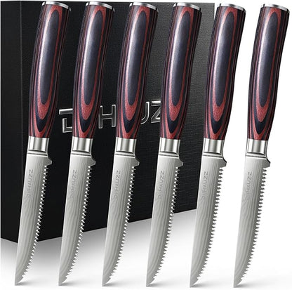 DiiHAUZZ Steak Knives Set of 6, Serrated Steak Knife Set 4.5 Inch, Ultra Sharp Forged High Carbon Stainless Steel Dinner Knife with Ergonomic Pakkawood Handle, Damascus Pattern and Gift Box