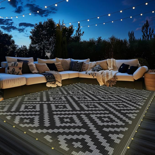GENIMO Outdoor Rug, Waterproof Plastic Rugs for Patio, 8'x10' LED Dark Grey | Outside Larger Modern Carpet Mat for Porch Decor, Deck, Balcony, Camping, RV, Backyard, Picnic, Beach, Reversible, Foldable