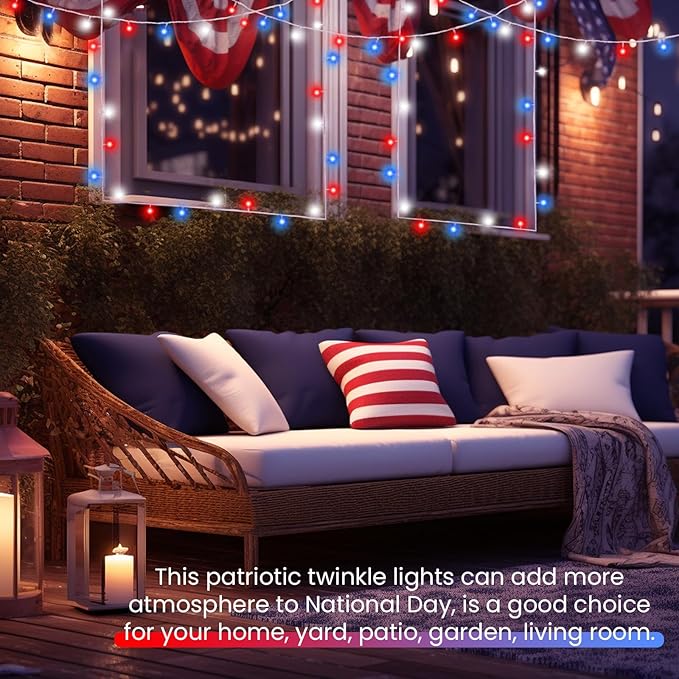 2 Pack Red White and Blue Battery Operated Fairy Lights, 66FT 200LED 4th of July String Lights with Timer, 8 Modes Waterproof Patriotic Twinkle Light Indoor Outdoor for Independence Day Memorial Day