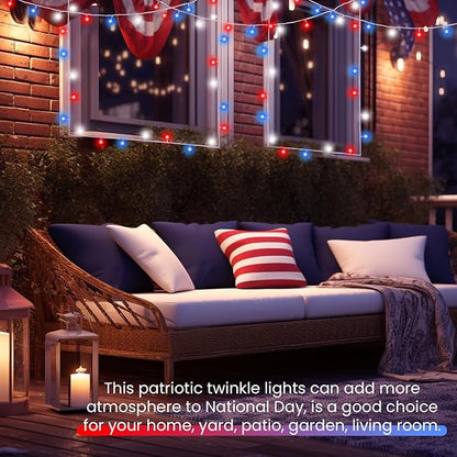 2 Pack Red White and Blue Battery Operated Fairy Lights, 33FT 100LED 4th of July String Lights with Timer, 8 Modes Waterproof Patriotic Twinkle Light Indoor Outdoor for Independence Day Memorial Day