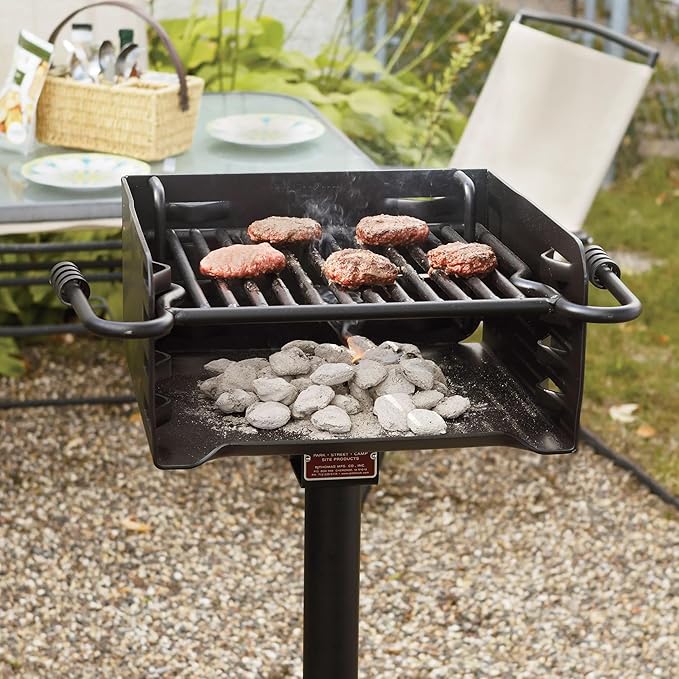 Pilot Rock Park Style Heavy Duty Steel Outdoor BBQ Charcoal Grill with Cooking Grate & 360 Degree Swivel Post for Camping or Backyard, Black (3 Pack)