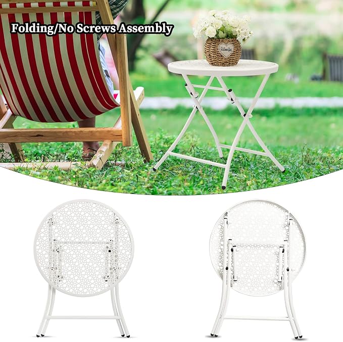 TeoKJ Folding Small Outdoor Side Table, Anti Rust Patio Metal Table | Metal Round Anti Rust Patio Desk, Small Nightstand with Flower Cutouts, for Yard, Balcony, Lawn, Pool, Lightweight, White