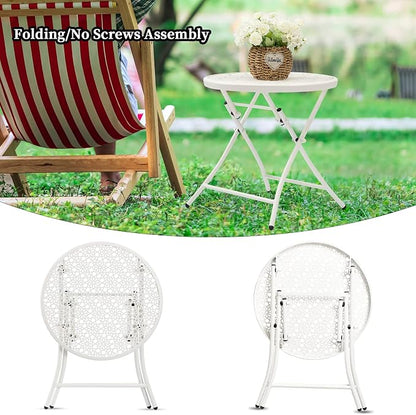 TeoKJ Folding Small Outdoor Side Table, Anti Rust Patio Metal Table | Metal Round Anti Rust Patio Desk, Small Nightstand with Flower Cutouts, for Yard, Balcony, Lawn, Pool, Lightweight, White