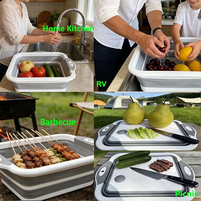 3-in-1 Collapsible Camping Cutting Board Space-Saving BBQ Prep Tub with Lid | Foldable Tray Camping Sink Dish Tub, 2.38Gal, Folds to 1.5" Thin for Meat and Fruits in Kitchen RV Picnic BBQ Camping (Grey)