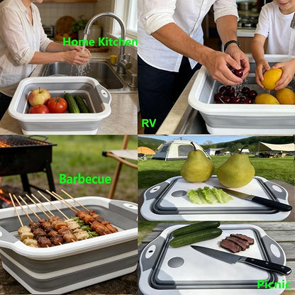 3-in-1 Collapsible Camping Cutting Board Space-Saving BBQ Prep Tub with Lid | Foldable Tray Camping Sink Dish Tub, 2.38Gal, Folds to 1.5" Thin for Meat and Fruits in Kitchen RV Picnic BBQ Camping (Grey)