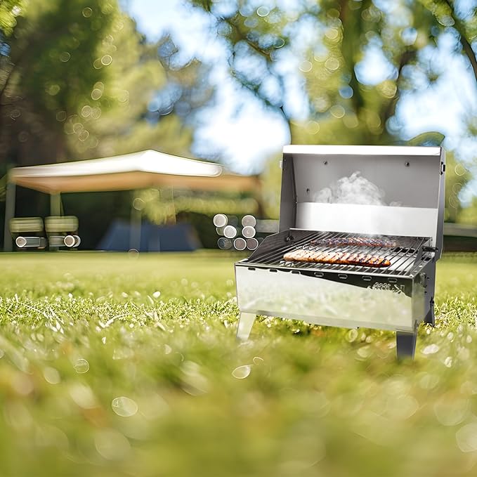 Camco Kuuma Stow N Go 125 Stainless Steel Gas Grill with Latch, Handle, and Pedestal Mount for Patio, Lawn, and Garden, Silver