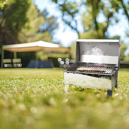 Camco Kuuma Stow N Go 125 Stainless Steel Gas Grill with Latch, Handle, and Pedestal Mount for Patio, Lawn, and Garden, Silver