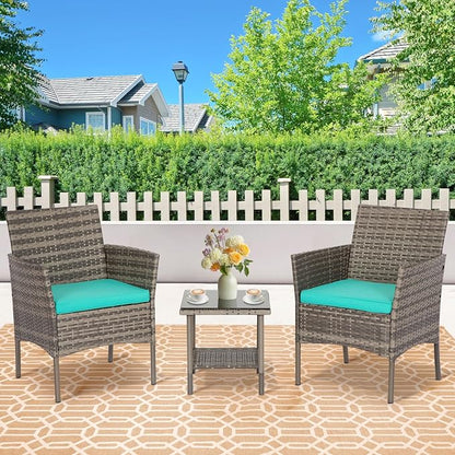 FDW 3 Piece Outdoor Furniture Set Patio Gray Wicker Chairs Furniture Bistro Conversation Set 2 Rattan Chairs with Blue Cushions and Glass Coffee Table for Porch Lawn Garden Balcony Backyard