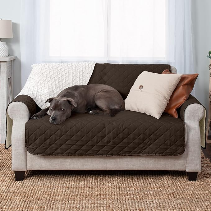 Furhaven Water-Resistant & Reversible Loveseat Cover Protector for Dogs, Cats, & Children - Two-Tone Pinsonic Quilted Living Room Furniture Cover - Espresso/Clay, Loveseat