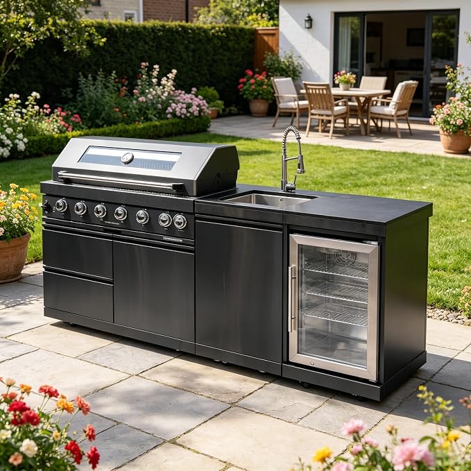 85" 6-Burner 85000 BTU Deluxe Outdoor Kitchen Island,304 Stainless Steel Modular Natural Gas BBQ Grill Combination With Storage Cabinet, Refrigerator and Sink (85"-Black, Natrual Gas)