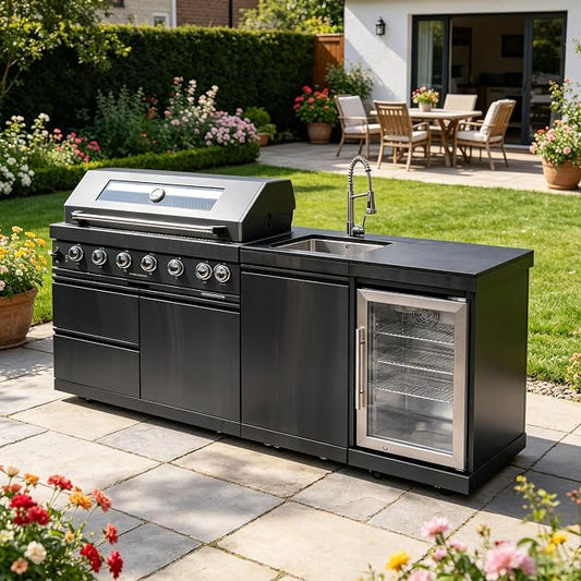 85" 6-Burner 85000 BTU Deluxe Outdoor Kitchen Island,304 Stainless Steel Modular Natural Gas BBQ Grill Combination With Storage Cabinet, Refrigerator and Sink (85"-Black, Natrual Gas)