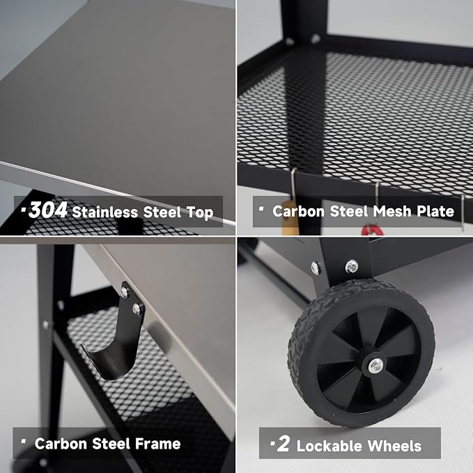 LEETOLLA Stainless Steel Outdoor Grill Cart with Wheels, Heavy-Duty 3-Tier BBQ Prep Table for Pizza Oven, Griddle, Patio – Rustproof Commercial Kitchen Cart with Tool Hooks