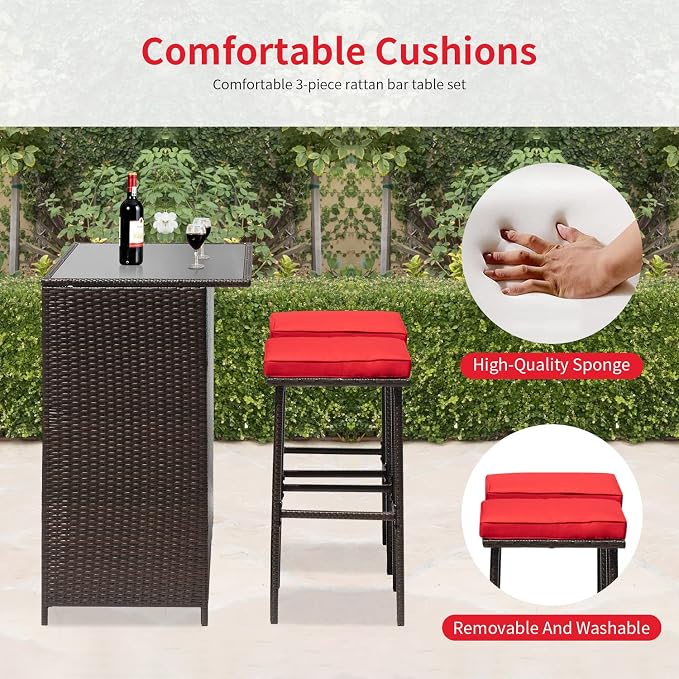 Outdoor Furniture Set Wicker Bistro Set 3PCS Patio Bar Set with Two Stools for Patio Backyard Balcony,Red Cushion