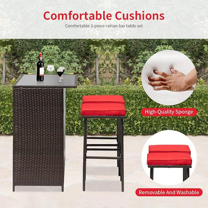 Outdoor Furniture Set Wicker Bistro Set 3PCS Patio Bar Set with Two Stools for Patio Backyard Balcony,Red Cushion