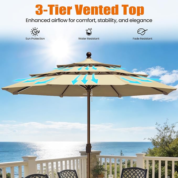 EliteShade USA 10-Year-Non-Fading 10ft 3-Tier Market Patio Umbrella, Commercial Grade Outdoor Table Umbrella with Crank Open, Windproof & UPF 50+ UV Protection, Heavy Duty Ventilation for Garden, Deck, Pool, Backyard, Beach & Bistro, No Tilt, Sand
