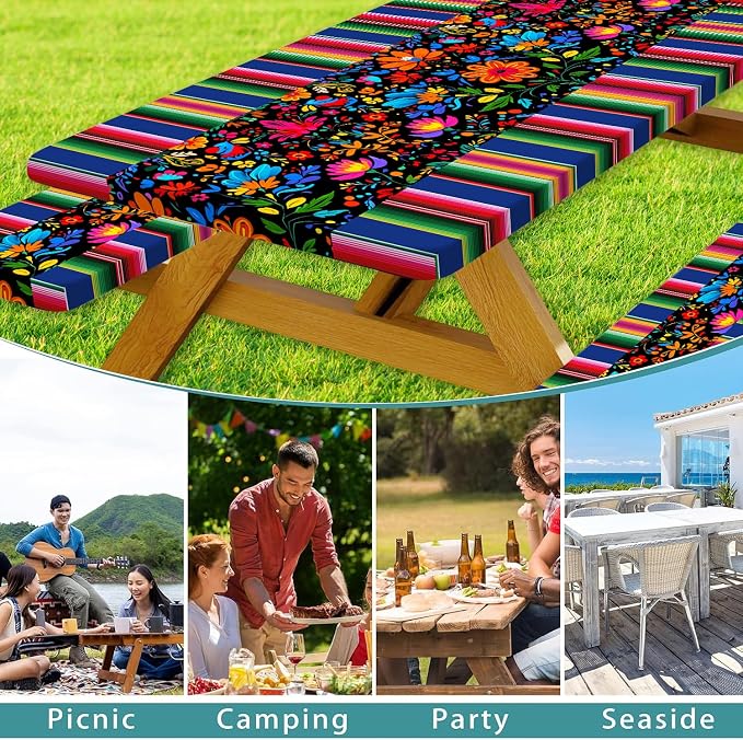 Mexico Picnic Table Cover with Bench Covers and Bag, Camping Essentials, Cinco De Mayo Fiesta Stripes Fitted Table Cover, 6ft Outdoor Tablecloth Waterproof Windproof with Elastic Edge 3 PCS 30x60 Inch