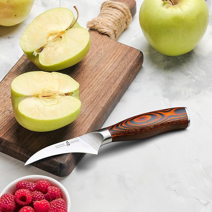 TUO Bird Beak Paring Knife, 2.5 inch Handy Peeling Knife, Curved Small Blade for Fruit & Vegetable, German Stainless Steel, Ergonomic Pakkawood Handle - Fiery Series