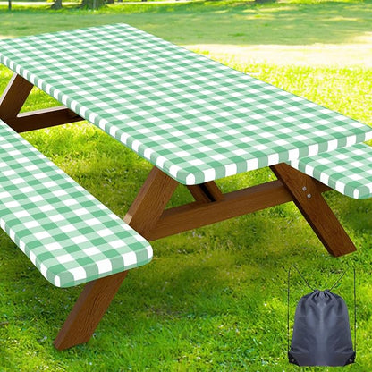 Smiry Picnic Table Cover with Bench Covers, Waterproof Elastic Fitted Tablecloths for 5 Foot Rectangle Tables, Washable Buffalo Plaid Tablecloth for Camping, Outdoor (Sage Green & White, 30"x60")