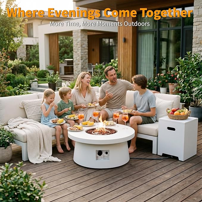 HOTEAGLE 30" Outdoor Propane Fire Pit Table w Tank Table, 50000 BTU CSA Certified Round Iron Gas Fire Pit, Removable Lid, Lava Rocks and Rain Cover for Patio Backyard Garden Pool