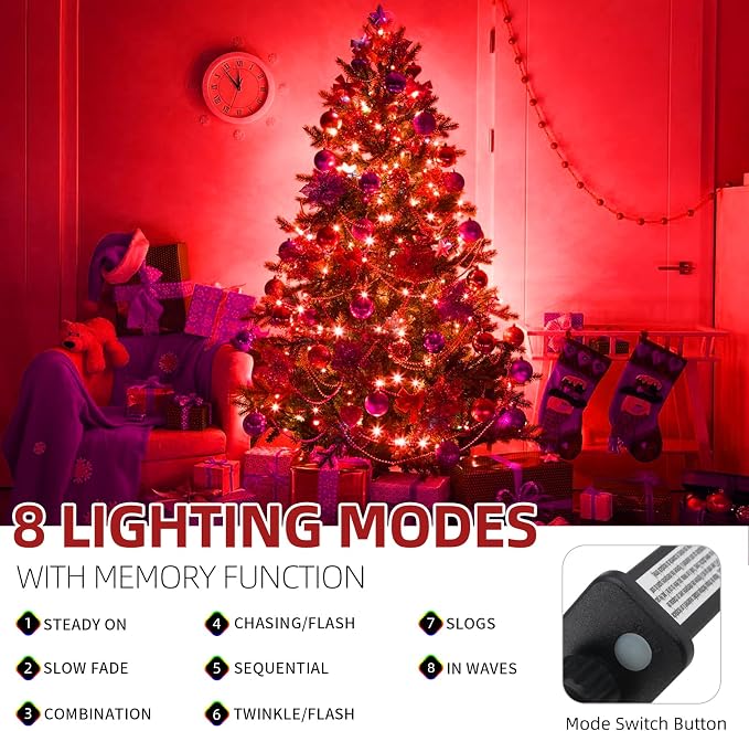 MZD8391 105FT 300LED Christmas Light Outdoor Indoor,Christmas Tree Light | Red, 100% UL Listed, Waterproof, 8 Light Modes, Timer & Memory, End To End Connect, Christmas String Light Outdoor Indoor