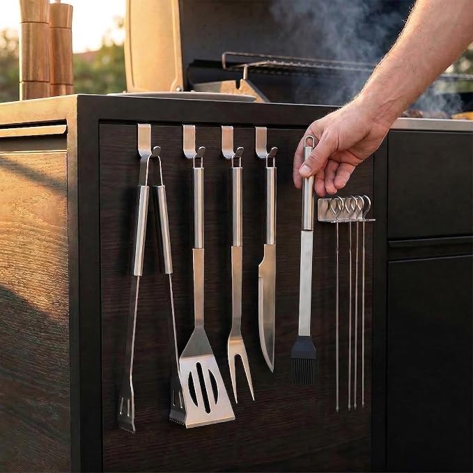 9-Piece BBQ Grill Tool Set, Stainless Steel with Storage Bag | Nine piece set of stainless steel grill tools. Very suitable for camping, backyard gatherings, outdoor barbecues