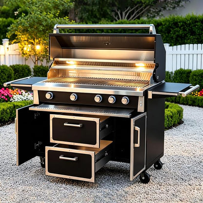 Black 49" Stainless Steel Natural Gas Grill, 4 Burners & Infrared Burner | 304 Stainless Steel 99,000 BTU Infrared Burner Professional Outdoor Cooking Warming rack Storage drawers Gliding wheels
