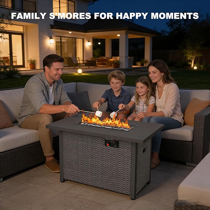 42 inch Propane Fire Pit Table, 50,000 BTU Outdoor Fire Pit Table with Steel Lid and High-Temp Lava Rocks, 2 in 1 Rectangle Gas Fire Pit Table for Garden/Patio Outside (42 inch, with Lava Rocks)