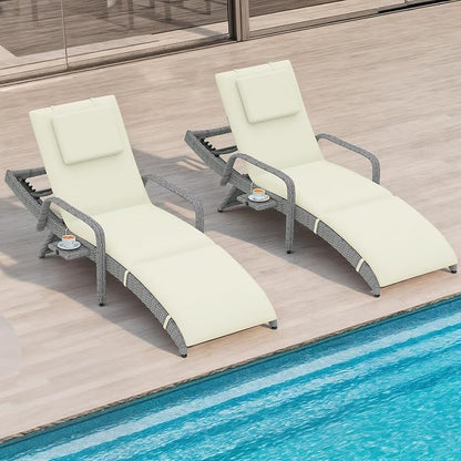 DWVO Outdoor Wicker Chaise Lounge Set, Patio Lounge Chairs with Pull-Out Side Table, Rattan Pool Chair with Headrest & Armrests, 5-Level Backrest for Patio, Beach, Poolside, Beige