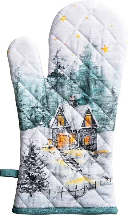 Maison d'Hermine Oven Gloves 100% Cotton Oven Mitt (7" x 13", Pack of 1) | With Loop Heat Resistant BBQ Cooking Gloves Baking Kitchen Handling Hot Pans Thanksgiving Christmas - Neige de Noel