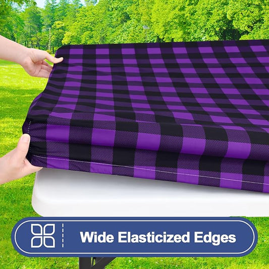 Smiry Picnic Table Cloth 2 Pack, Waterproof Elastic Fitted Tablecloths for 6FT Rectangle Tables, Washable Polyester Buffalo Plaid Tablecloth for Camping & Outdoor (Black & Purple, 30" x 72")