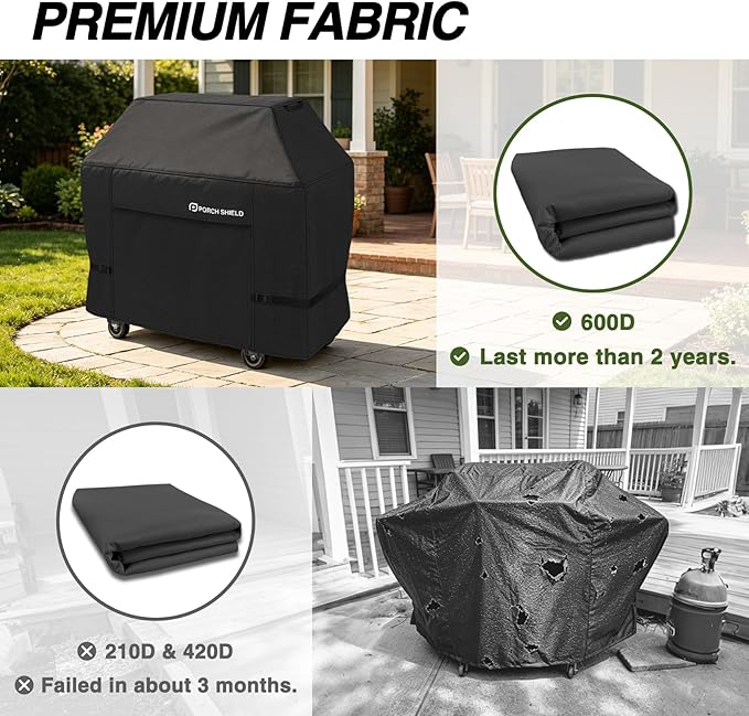 Porch Shield 62W x 24D x 48H inch Premium Gas Grill Cover Up to 60 inch, Waterproof and Fade Resistant 600D BBQ Covers for Weber, Brinkmann, Char-Broil and More, Black