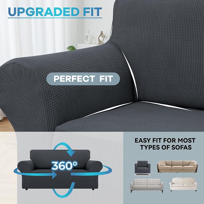 LURKA Loveseat Couch Cover 1 Piece 2 Cushion Sofa Slipcover, Dark Grey | Soft Stretch Jacquard, Fits 55"-78" Loveseats, Elastic Bottom for Secure Fit, Machine Washable, Pet & Kid Friendly