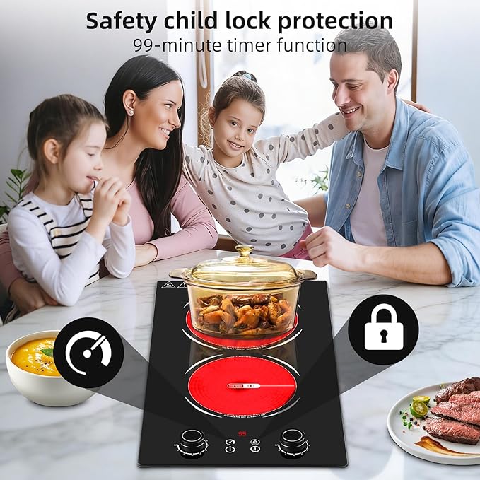 2 Burner Electric Cooktop,110V 2400W Electric Stove Top with LED Touch Control,9 Power Levels, 99 minute Timer, Safety Lock,Overheat protection single burner cooktop