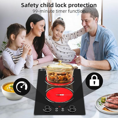 2 Burner Electric Cooktop,110V 2400W Electric Stove Top with LED Touch Control,9 Power Levels, 99 minute Timer, Safety Lock,Overheat protection single burner cooktop