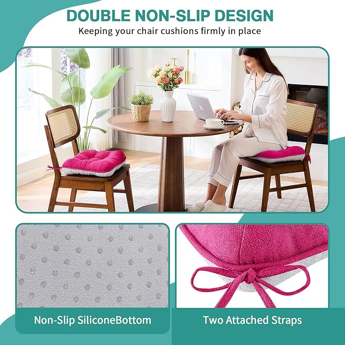 BETU Chair Cushions for Dining Chairs Set of 4,3.5" Thick Kitchen Table Chair Pads with Ties,Non Slip Backing and Covers, Seat Cushion for Dining Room,Bar,Patio Chairs,15.5"X15.5"X3.5",Hot Pink