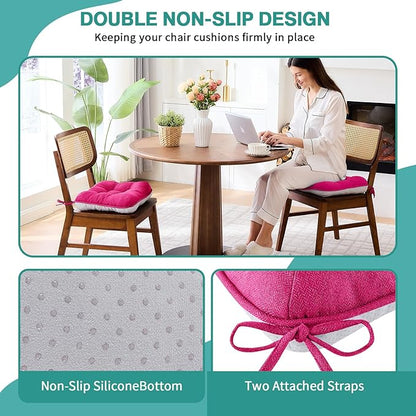 BETU Chair Cushions for Dining Chairs Set of 4,3.5" Thick Kitchen Table Chair Pads with Ties,Non Slip Backing and Covers, Seat Cushion for Dining Room,Bar,Patio Chairs,15.5"X15.5"X3.5",Hot Pink