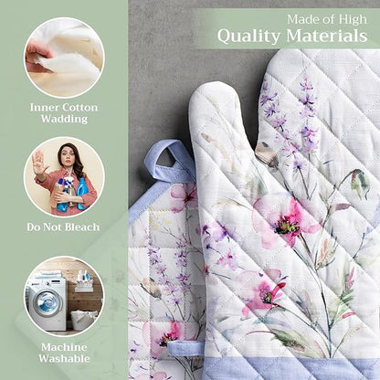 Maison d' Hermine 100% Cotton Oven Mitt & Pot Holder Set (7.5"x13" & 8"x8") Heat Resistant BBQ Cooking Gloves with Loop Baking Grilling Kitchen Hotel Home Farmhouse Spring Summer (Summer Floral)