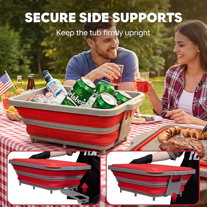 FEASTO Collapsible BBQ Prep Tubs with Cutting Board, 9-IN-1, 2 Tubs Portable Grill Prep Station with Side Brackets, Lids, Knives, Meat Claws and Drain Rack, Space-Saving for Kitchen & Camping, Red