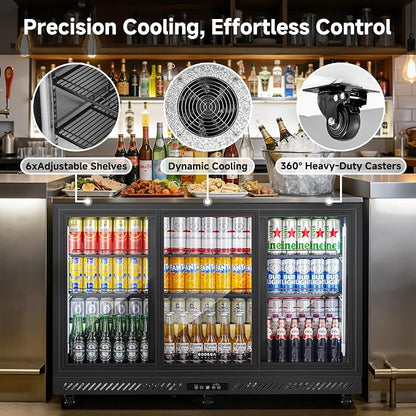 BODEGACOOLER 12 Cu.Ft Back Bar Cooler, 3 Sliding Glass Doors, 6 Castes | Commercial beverage refrigerator for beer and soda with Stainless Steel Top, 6 adjustable shelves, LED lighting, 32°F-50°F