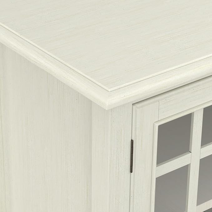 SIMPLIHOME Connaught 46" Wide Solid Wood Low Cabinet in Antique White | Traditional low console cabinet with glass doors and storage shelves for the living room, entryway or dining room.