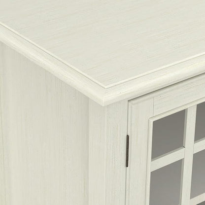 SIMPLIHOME Connaught 46" Wide Solid Wood Low Cabinet in Antique White | Traditional low console cabinet with glass doors and storage shelves for the living room, entryway or dining room.