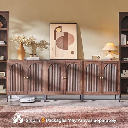 IFBUY Modern Sideboard Buffet Cabinet, 92.63" W Fluted Arched Buffet Cabinet with Storage and Adjustable Shelves, Wooden Modular Coffee Bar Cabinets for Kitchen, Entryway, Brown