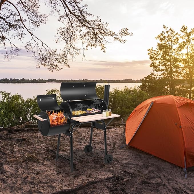 Charcoal Grill Offset Smoker with Offset Smoker, Wheels and Tray, Perfect for Backyard Cooking, Outdoor Camping