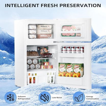 Kismile 3.2 Cu.Ft Mini Fridge with Freezer, 2 Door Dorm Refrigerator White | Adjustable Thermostat, Removable Shelves, Food & Beverage Storage, Dorm Mini Fridge for Bedroom/ Office/ College/ Apartment