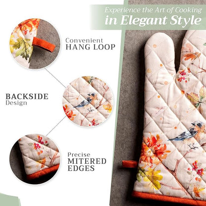 Maison d' Hermine Oven Gloves 100% Cotton Oven Mitt 7" x 13" with Loop Heat Resistant BBQ Cooking Gloves for Thanksgiving Christmas Decorations Baking Handling Hot Pans (Pack of 1, Kelim - Prairie)
