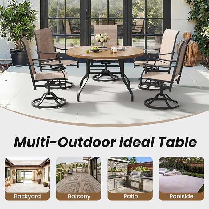 Round Outdoor Patio Dining Table, 47" Round Patio Table Wood-Like Grain with 1.57" Umbrella Hole, Metal Outdoor Dining Tables for Backyard and Poolside