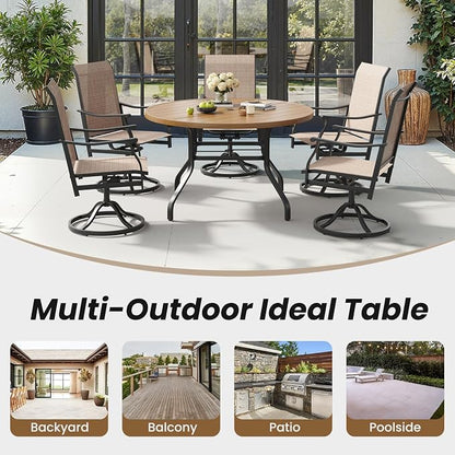 Round Outdoor Patio Dining Table, 47" Round Patio Table Wood-Like Grain with 1.57" Umbrella Hole, Metal Outdoor Dining Tables for Backyard and Poolside