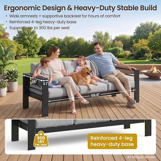 Kiss the Water Aluminum Patio Sofa, 2 PCS Light Grey Outdoor Couch | All-weather rust-proof aluminum frame with 5" thick olefin cushions, ideal for patio, backyard, or porch. Modern design.